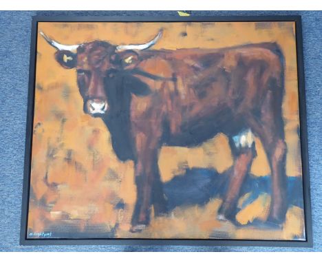 *K (KATHARINE) LIGHTFOOT (b 1972, Devon artist), a large box-framed oil on canvas study 'Cow against an orange background', s