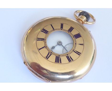 A late 19th century 18-carat yellow-gold hallmarked half hunter pocket watch; white-enamel dial with Roman numerals, the subs
