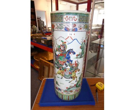 A 19th century Chinese porcelain stick/umbrella stand; the body painted with two main vertical rectangular panels, one depict