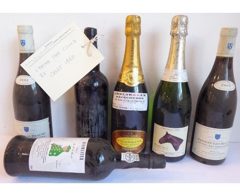 A mixed lot of port and wine: a bottle of port with label missing and postcard attached to the neck reading ‘I think this cou