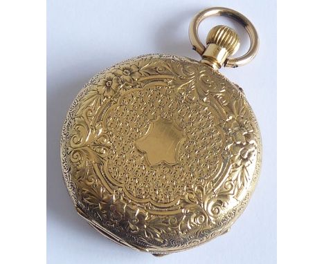 A lady's late 19th/early 20th century 18-carat yellow-gold cased (marked 18K) full hunter pocket watch; profusely engraved fr