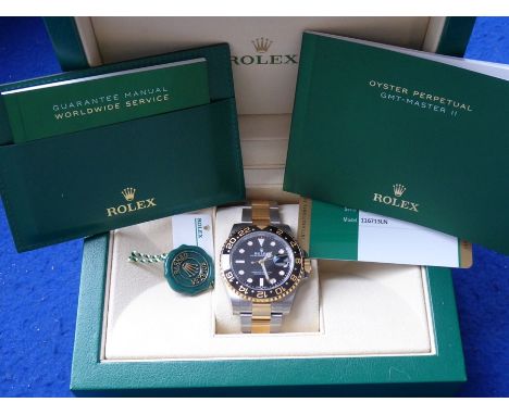A&nbsp; gentleman's Rolex bi-metal GMT Master II Oyster Perpetual Date: originally purchased February 2019, unused, boxed and