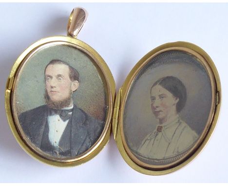 A 19th century rose-gold coloured double-oval portrait miniature locket; hand-painted shoulder-length portraits of a male and
