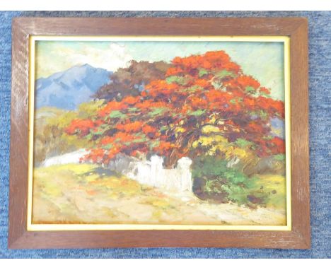 An oak-framed impasto-style oil on panel study of a tree with vibrant-red leaves behind a wall, a mountain to the left-hand b