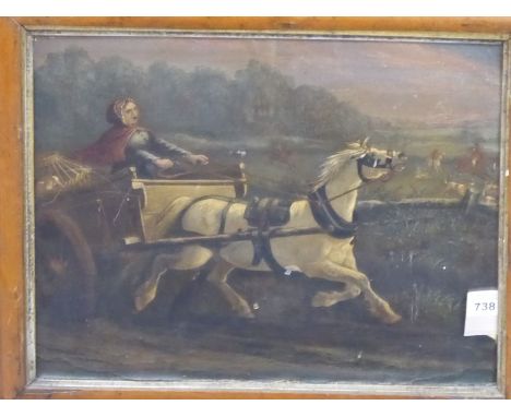 A mid-19th century naive English School maple-framed oil on artist's board; a female figure with red cloak riding upon a cart