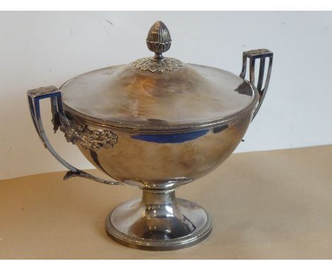 A large 19th century two-handled silver-plated urn-shaped tureen; acorn-style finial above a domed lid and two pierced handle