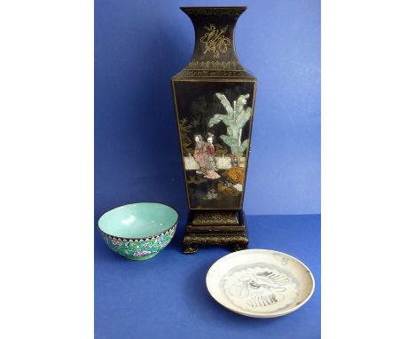 A Chinese vase and stand inlaid with hardstones and bamboo (45cm high), together with a 19th century Chinese enamel bowl and 