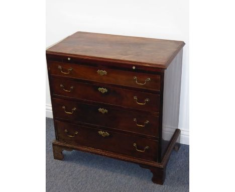 A late 18th century George III period mahogany chest of small proportions; a thumbnail-moulded top above brushing slide and f