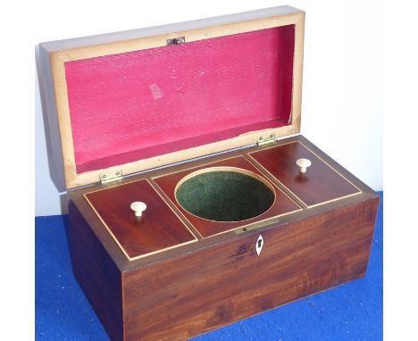 A George III period rectangular mahogany two-division tea caddy with silver-plated handle, boxwood-strung edges and the hinge