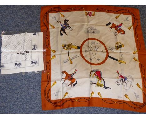 Two silk scarves; 'La Reine Cavalerie' signed L.R. Paris, together with one further predominately white example 'Celine of Pa