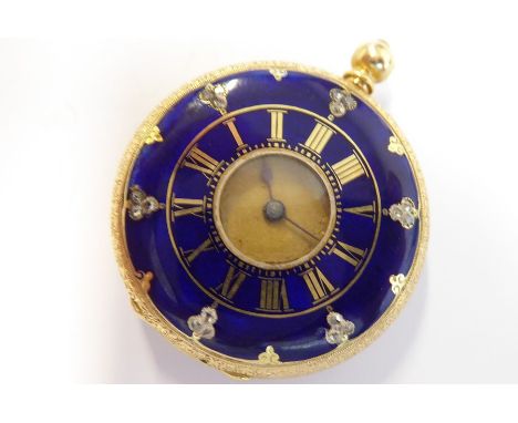 A late 19th century lady's 18-carat gold (marked 18K) half hunter fob watch; the outer case with blue-enamel and diamond chip