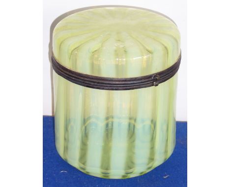 A 19th century circular light-green Vaseline glass jar with hinged top; gilt-metal mounts (now very rubbed) above an inset ci