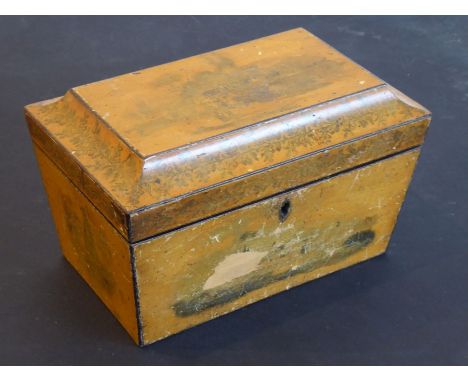 An early 19th century sarcophagus-shaped two-division sycamore tea caddy; the lid outer body inner lid and two compartment li