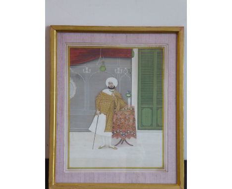 A gilt-framed and glazed Indian watercolour/gouache study of a high-ranking gentleman, wearing a turban, pearl and green ston