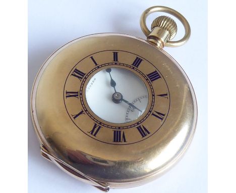 A gentleman's early 20th century 9-carat yellow-gold-cased half hunter pocket watch; the outer case with blue-enamel Roman nu