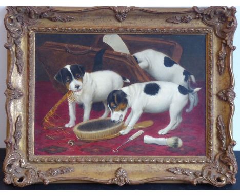 B. (BERNARD) H. COBBE (act. circa 1868-1883), a 19th century gilt-framed oil on canvas study of three mischievous Jack Russel