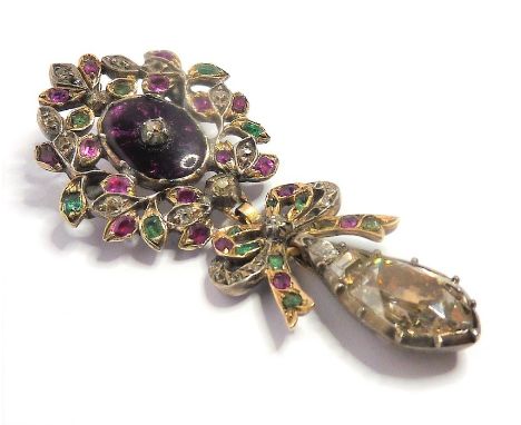 A mid-18th century Rococo diamond, multi-gem-set and enamel articulated tripartite pendant,  of openwork giardinetti and bow 