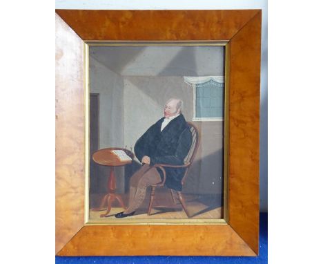 A mid-19th century bird's-eye maple framed oil on canvas study of a portly gentleman sitting in a Windsor chair before a circ