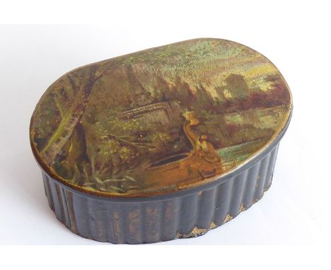 A mid-19th century papier-mȃché&nbsp;snuff box of reeded oval form; the hinged lid depicting a country scene with a boat and 