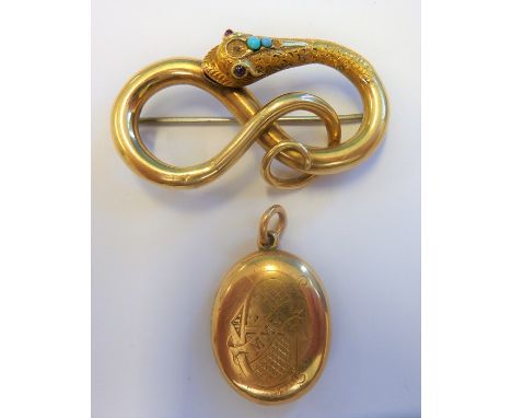 A mid-19th century yellow-gold and gem-set serpent brooch modelled as a figure of eight with cabochon ruby eyes and turquoise