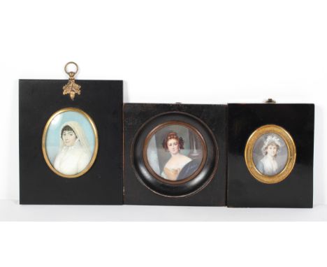 Two 19th century portrait miniatures of ladies, together with a later framed print of a similar subject, the first bust-lengt