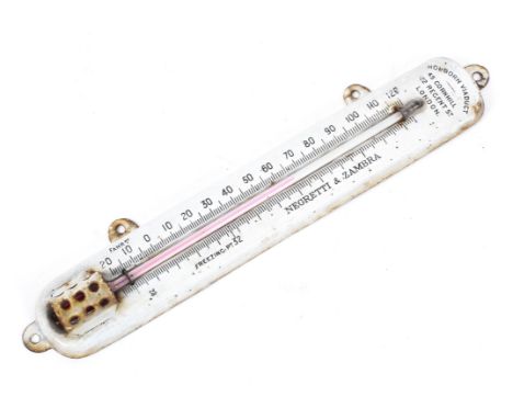 An enamelled tin thermometer by Negretti and Zambra, Holborn Viaduct, London, 31cm high