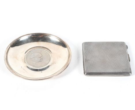 A silver compact, of square form, with engine turned decoration throughout, London 1946; together with a silver pin dish with