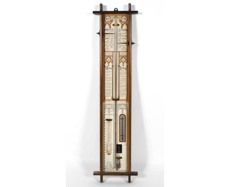 An Admiral Fitzroy style barometer, in glazed oak case, with Gothic Revival charts, centred by a mercury action tube with dou