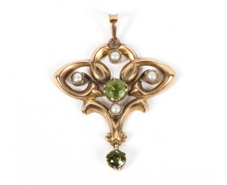 An art nouveau stye 9ct gold, peridot and split pearl mounted pendant, by Deakin &amp; Francis Ltd, hallmarked Birmingham 190