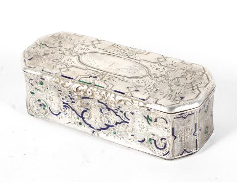 A Continental white metal box, decorated with intricate engraved floral motifs and blue enamel detailing, stamped mark appear