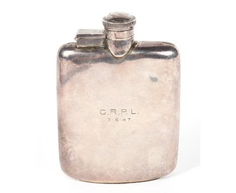 A mid 20th century silver hip flask, hallmarked Sheffield 1946 by James Dixon &amp; Sons, the front engraved "G R P L, 7,6,47
