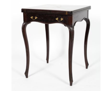 An Edwardian magohany envelope card table, with a single drawer and cabriole legs with foliate carved decoration, 76cm high x