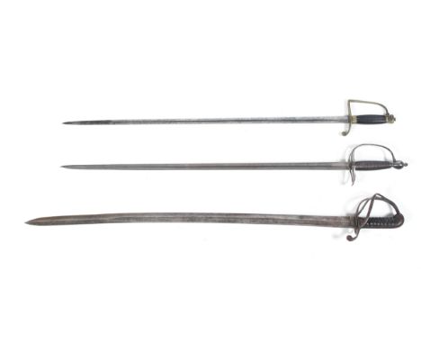 Three Infantry officer's swords, late 18th/early 19th century, the first with pierced loop guard, engraved H6, 86 cm long (th