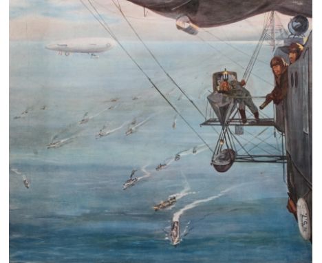After Sir John Lavery ARA, A Convoy, From NS7 - the North Sea 1918, a coloured print of airships off the coast of Norway, pla
