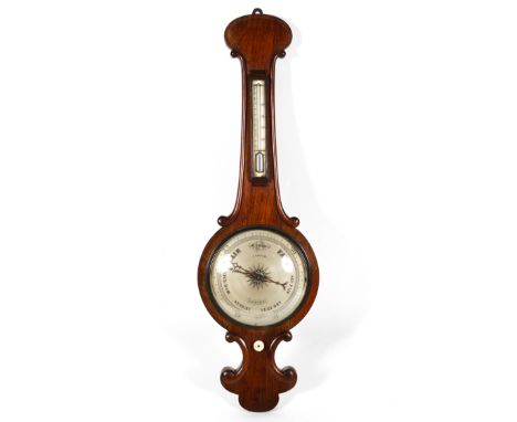 A Victorian barometer by J. Crouch, Glastonbury, late 19th century, of banjo shape, with silvered dial and mercury thermomete