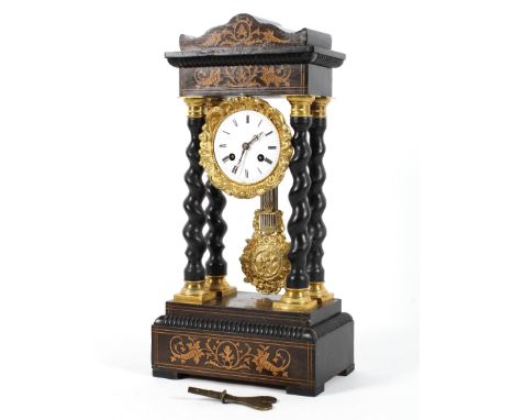 An ebonised and inlaid portico style mantel clock, the 3 1/2" enamelled dial on a brass movement striking to a bell, on barle