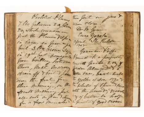 Manuscript.- [Collection of recipes], manuscript, 235pp. excluding blanks, in a variety of hands, printed advertisement laid 