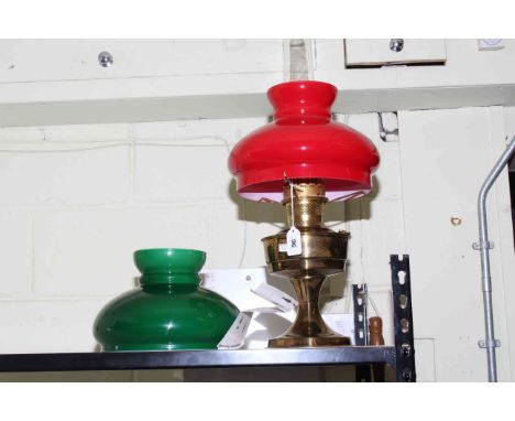 As new Aladdin oil lamp with two glass shades and a warming pan.