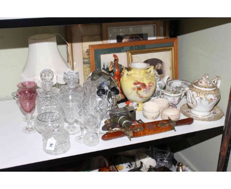 Collection of Aynsley, Royal Worcester two handled vase, carved wood sword, glass, lamp, camera, skull, warming pan.