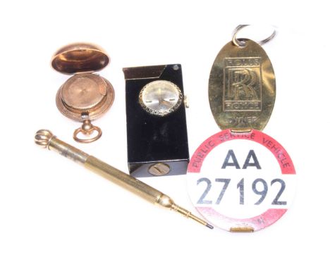 Box with Sampson Mordan pencil, sovereign case, Rolls Royce owner keyring, lighter and badge.