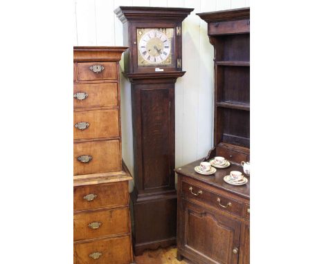 Antique Welsh oak eight day longcase clock having brass and silvered dial, signed Ratcliff, Welshpool (lacking weights).