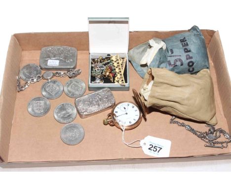 Box of collectables including snuff boxes, coins, watch, etc.