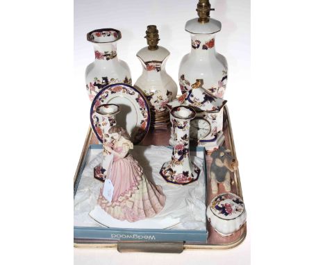 Masons Mandalay including table lamps, pair of candlesticks, clock, etc, Wedgwood cake plate, Coalport figure and Schnauzer d