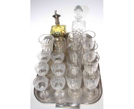 Enamel decorated green glass decanter with continental silver overlay and collection of assorted glass.