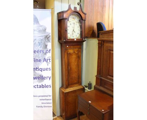 Antique mahogany and chequer inlaid 30 hour longcase clock having painted arched dial, signed Tho's Turnbull, Whitby.