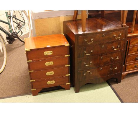 Mahogany four drawer bow front chest and four drawer campaign style pedestal chest.