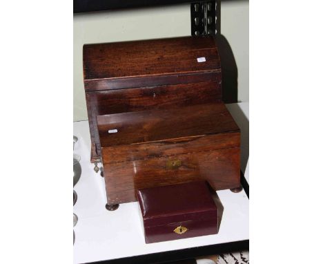 Wooden sewing box, tea caddy and a jewellery box.
