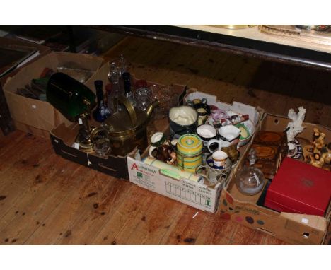 Four boxes of glassware, china, desk lamp, clockwork model railway, brass watering can, etc.