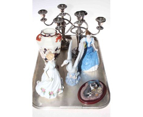 Pair of silver plated candelabra, two Royal Doulton figures, Masons Mandalay vase, Nao swan and Border Fine Arts 'Mischief'.