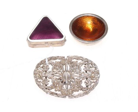 Silver nurses buckle, silver and enamel triangular pill box and tiny silver and enamel bowl (3).